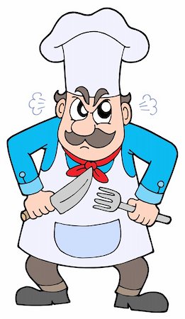 dangerous kitchen - Angry chef with knife and fork - vector illustration. Stock Photo - Budget Royalty-Free & Subscription, Code: 400-04050596
