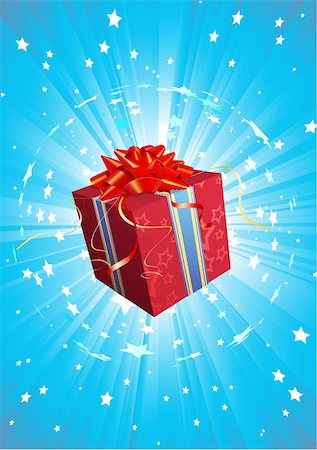 Vector illustration of red square present box with a bow and ribbons on starry blue background Stock Photo - Budget Royalty-Free & Subscription, Code: 400-04051079