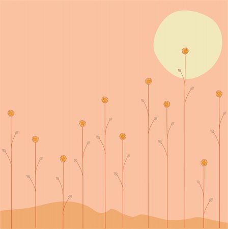 simsearch:400-04861823,k - Vector illustration of   the sun is going down over the summer flowers on orange background Fotografie stock - Microstock e Abbonamento, Codice: 400-04051073