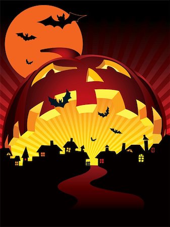 simsearch:400-04236303,k - Large Halloween pumpkin over a demonic town Fotografie stock - Microstock e Abbonamento, Codice: 400-04051158