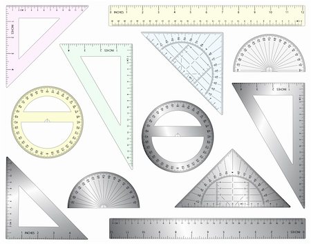 Set of editable vector rulers, set squares and protractors in plastic and metal Stock Photo - Budget Royalty-Free & Subscription, Code: 400-04051858