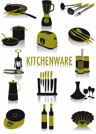 Two-tone vector silhouettes of kitchenware objects, part of a collection of fashion and lifestyle objects Photographie de stock - Aubaine LD & Abonnement, Code: 400-04052283