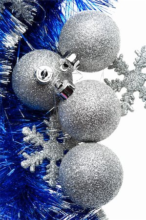 simsearch:400-05699416,k - Silver Christmas bulbs with snowflakes and blue tinsel Stock Photo - Budget Royalty-Free & Subscription, Code: 400-04053196