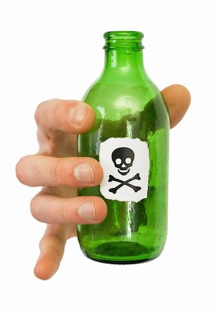 To hold male hand green bottle pictured skull photographed on a white background Stock Photo - Budget Royalty-Free & Subscription, Code: 400-04053579