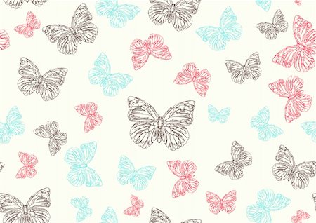 simsearch:400-06107863,k - Vector illustration of many funky hand-drawn butterflies of different size  flying around  . Seamless Pattern. Fotografie stock - Microstock e Abbonamento, Codice: 400-04053962