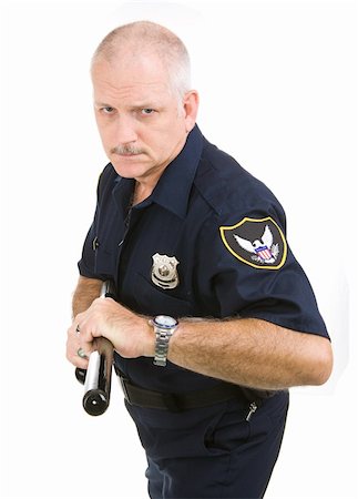 simsearch:400-04559275,k - Police officer in an aggressive posture ready to use his night stick.  Isolated on white Foto de stock - Super Valor sin royalties y Suscripción, Código: 400-04064711