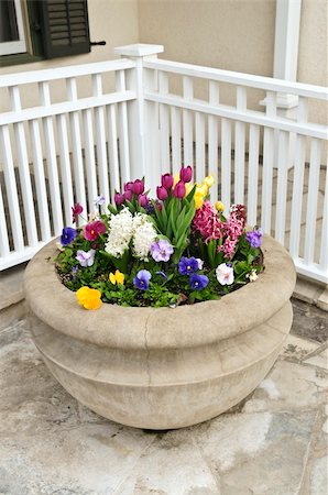 simsearch:400-04064746,k - Stone planter with spring flowers on house patio Foto de stock - Super Valor sin royalties y Suscripción, Código: 400-04064743