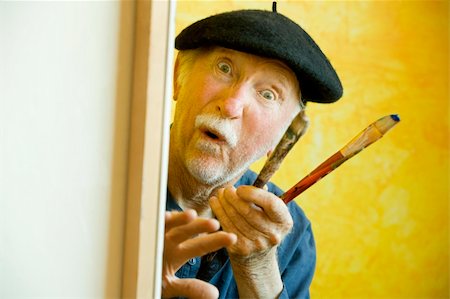 simsearch:400-04671075,k - Elderly painter wearing a beret working on a large canvas and looking up Stock Photo - Budget Royalty-Free & Subscription, Code: 400-04065513