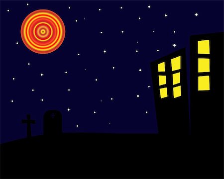Graphic illustration of a spooky, dark Halloween night with gravestones and old buildings. Stock Photo - Budget Royalty-Free & Subscription, Code: 400-04065528