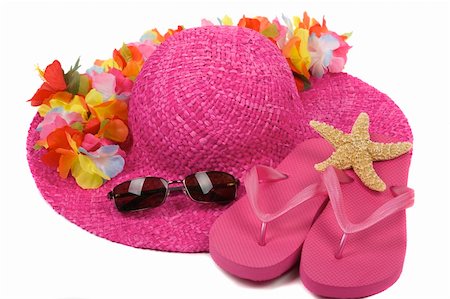 pink flip flops beach - Colorful summer beachwear, flipflops, hat, orchids, sunglasses, and starfish Stock Photo - Budget Royalty-Free & Subscription, Code: 400-04065727