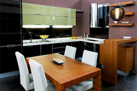 simsearch:700-06038234,k - Contemporary kitchen with brown dinning table and chairs Foto de stock - Super Valor sin royalties y Suscripción, Código: 400-04066104