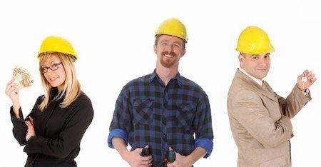 smiling industrial workers group photo - architect, businessman with keys and construction worker Stock Photo - Budget Royalty-Free & Subscription, Code: 400-04066142