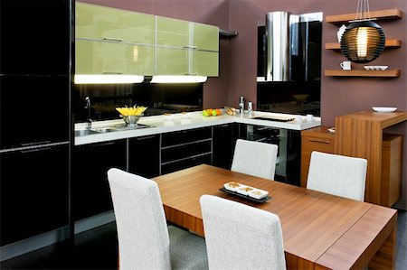 simsearch:846-03164687,k - Contemporary kitchen with brown dinning table and chairs Foto de stock - Royalty-Free Super Valor e Assinatura, Número: 400-04066355