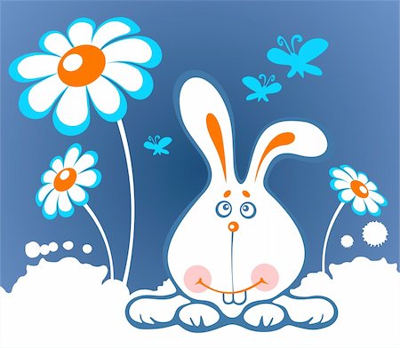 rabbit butterfly picture - Cheerful cartoon rabbit and flowers on a white background. Stock Photo - Budget Royalty-Free & Subscription, Code: 400-04066759