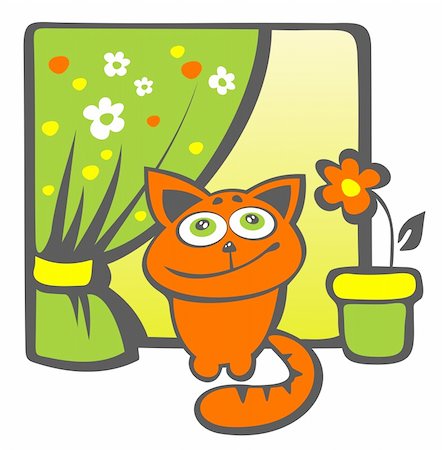 fun plant clip art - Cartoon happy cat sits on a windowsill. Stock Photo - Budget Royalty-Free & Subscription, Code: 400-04066764