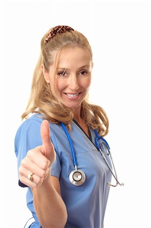 Smiling female nurse, intern  or surgeon in uniform showing the  thumbs up sign of  success, approval, excellence,  etc. Stock Photo - Budget Royalty-Free & Subscription, Code: 400-04066951