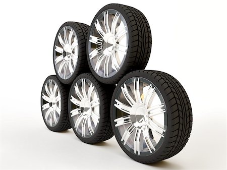 simsearch:400-05358730,k - Brand new tires, 3d rendering of car wheel, isolated on white. Foto de stock - Royalty-Free Super Valor e Assinatura, Número: 400-04067777