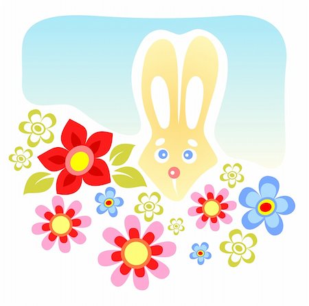 rabbit butterfly picture - Cartoon rabbit with flowers on a blue background. Stock Photo - Budget Royalty-Free & Subscription, Code: 400-04068873