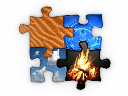 simsearch:640-01355058,k - Jigsaw puzzle with four elements Earth, sky, fire and water Photographie de stock - Aubaine LD & Abonnement, Code: 400-04068943