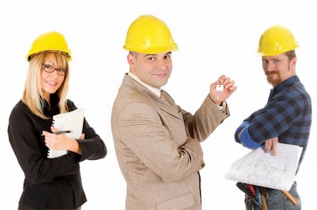 smiling industrial workers group photo - architect, businessman with keys and construction worker Stock Photo - Budget Royalty-Free & Subscription, Code: 400-04060338