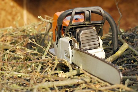 safety gear for logging and forestry - close-up of a chainsaw on wood cuttings Stock Photo - Budget Royalty-Free & Subscription, Code: 400-04060575