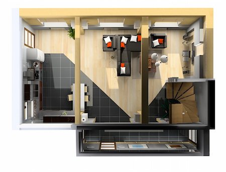 simsearch:400-07932934,k - modern interior on the top view (private apartment 3d rendering) Fotografie stock - Microstock e Abbonamento, Codice: 400-04061025
