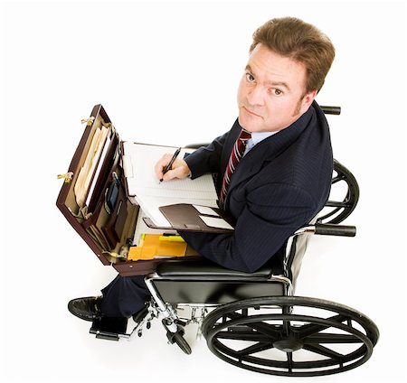 simsearch:400-05021851,k - Disabled businessman in wheelchair with his briefcase open on his lap.  Isolated on white. Foto de stock - Super Valor sin royalties y Suscripción, Código: 400-04061580