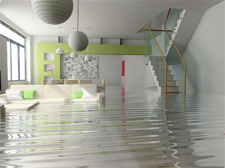 flooded living room - modern interior with stair under the water(3D) Stock Photo - Budget Royalty-Free & Subscription, Code: 400-04062698