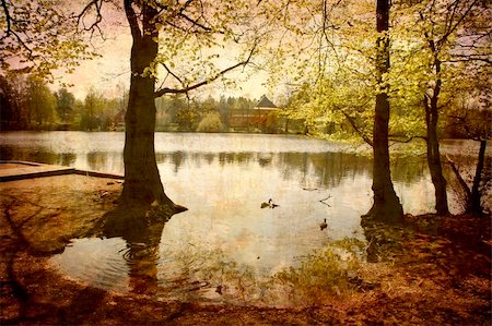 simsearch:400-05059274,k - Artistic work of my own in retro style - Postcard from Denmark. - Beech forest with creek and lake Foto de stock - Super Valor sin royalties y Suscripción, Código: 400-04062737