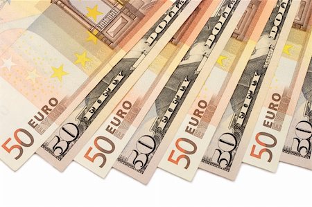 Fifty-fifty euro and dollar notes, close-up, isolated on white background Stock Photo - Budget Royalty-Free & Subscription, Code: 400-04063140