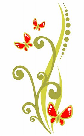 Red ornate butterflies and green curves isolated on a white background. Stock Photo - Budget Royalty-Free & Subscription, Code: 400-04063824