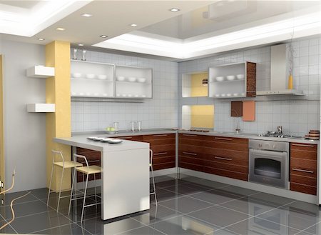 the modern kitchen interior design (3D rendering) Stock Photo - Budget Royalty-Free & Subscription, Code: 400-04063988