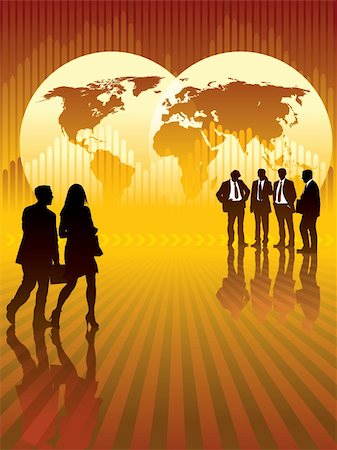 Businesspeople in front of world map and graph in the background, conceptual business illustration. Stock Photo - Budget Royalty-Free & Subscription, Code: 400-04076949