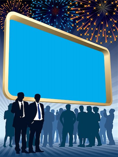 People are standing in front of a large blank billboard, fireworks in the background, conceptual business illustration. Stock Photo - Royalty-Free, Artist: Kamaga, Image code: 400-04078492