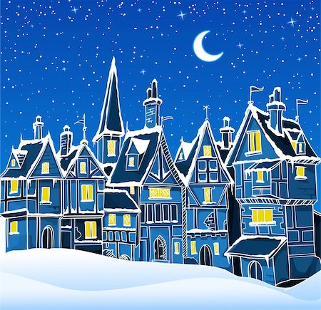 vector illustration of night winter town in snow. Can be used as a background for cristmas greeting card Stock Photo - Budget Royalty-Free & Subscription, Code: 400-04078699