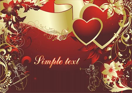 simsearch:400-04852864,k - Pair of hearts on a red background in an environment of a vegetative ornament and cupids Stock Photo - Budget Royalty-Free & Subscription, Code: 400-04079609