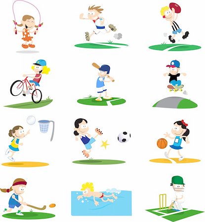 A collection of cartoon-style vector illustrations of kids playing a variety of sports. Note that if purchasing the vector it would be very easy to remove the small backgrounds for each character to best suit your requirements. Foto de stock - Super Valor sin royalties y Suscripción, Código: 400-04079771