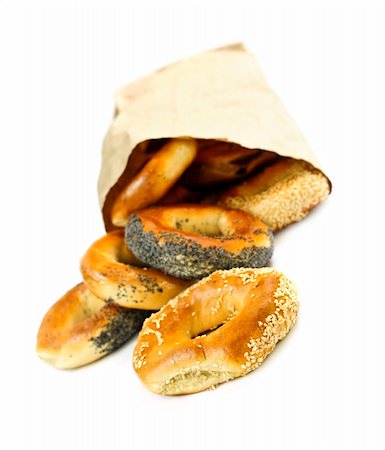 sesame bagel - Fresh Montreal style bagels in paper bag on white background Stock Photo - Budget Royalty-Free & Subscription, Code: 400-04070030