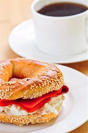 sesame bagel - Light meal of smoked salmon bagel and coffee Stock Photo - Budget Royalty-Free & Subscription, Code: 400-04071329