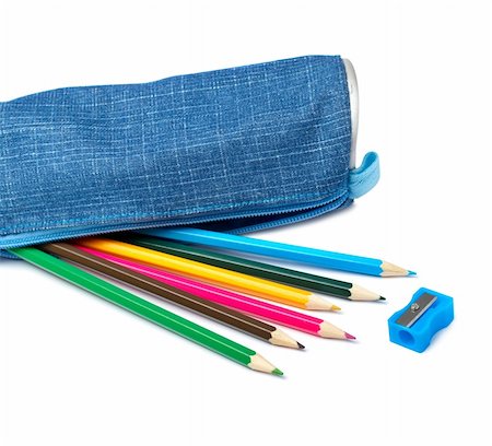 simsearch:400-09186322,k - A blue pencil case with school supplies on white background. Shallow depth of field Photographie de stock - Aubaine LD & Abonnement, Code: 400-04071856