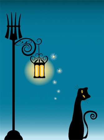 retro cat pattern - cat near vintage lantern illustration Stock Photo - Budget Royalty-Free & Subscription, Code: 400-04072065