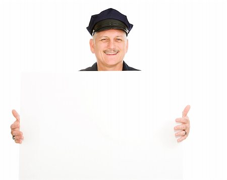 simsearch:400-04559275,k - Handsome mature police officer (or security guard) holding a blank white sign.  Isolated on white and ready for your text. Foto de stock - Super Valor sin royalties y Suscripción, Código: 400-04073022