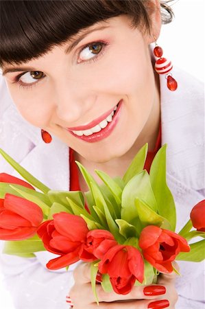 simsearch:689-03124889,k - Girl with bouquet of tulips on isolated white Photographie de stock - Aubaine LD & Abonnement, Code: 400-04084656