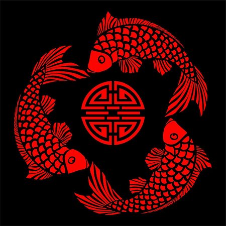 simsearch:400-04576608,k - Simple design of fish circling a longevity symbol, inspired by asian lacquerwork. The file can be scaled to any size. Stock Photo - Budget Royalty-Free & Subscription, Code: 400-04084696