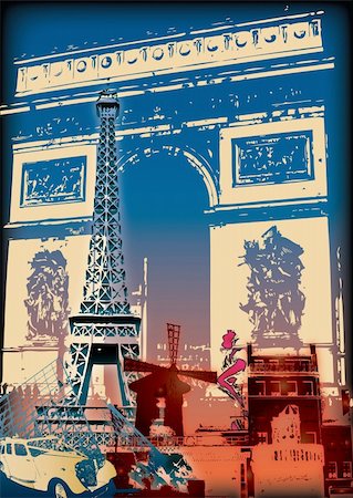 illustration of Paris `s Eiffel Tour , Moulin Rouge , Triumph Arch and Louvre and sexy woman in pink Stock Photo - Budget Royalty-Free & Subscription, Code: 400-04085015