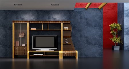 elegant tv room - 3d interior with modern bookshelf with TV Stock Photo - Budget Royalty-Free & Subscription, Code: 400-04085623