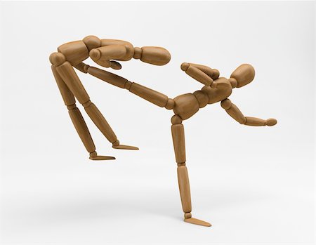 simsearch:400-04085659,k - 3D image of a wooden mannequin performing a karate kick over the opponent Foto de stock - Super Valor sin royalties y Suscripción, Código: 400-04085660