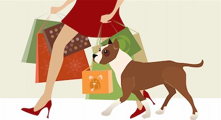 A vector illustration of a dog helping a lady carry shop bags Stock Photo - Budget Royalty-Free & Subscription, Code: 400-04087176
