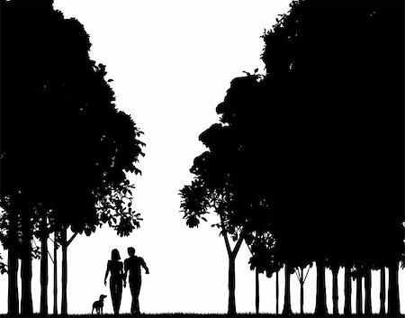 silhouettes man and dog - Editable vector silhouette of a couple walking through a wood Stock Photo - Budget Royalty-Free & Subscription, Code: 400-04087747