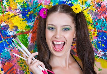 painter palette photography - Portrait of young attractive woman on colored background Foto de stock - Super Valor sin royalties y Suscripción, Código: 400-04087755